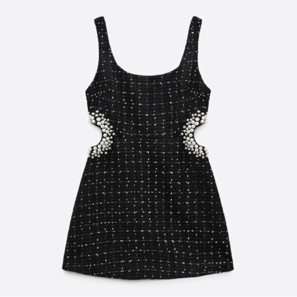 Zara Textured Weave Tweed Dress w/ Faux Pearls and Cut Outs. Brand New, size L